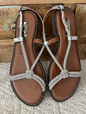 Women's Silver Beaded T-Strap Sandals with Brown Footbed